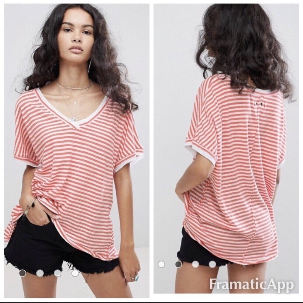 Free People We the Free Take Me Striped Orange Linen Blend Tee